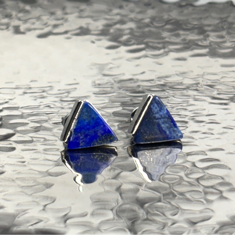 Lapis Lazuli “Wisdom & Truth” Triangle Cabochon and Silver Metal Stud Earrings
